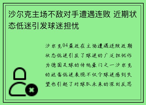 沙尔克主场不敌对手遭遇连败 近期状态低迷引发球迷担忧