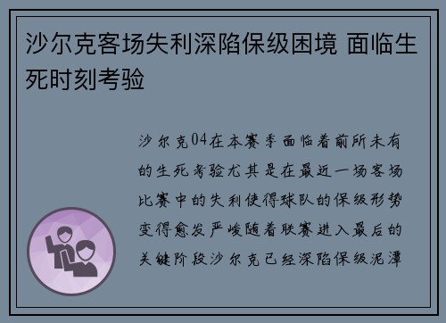 沙尔克客场失利深陷保级困境 面临生死时刻考验