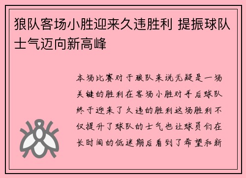 狼队客场小胜迎来久违胜利 提振球队士气迈向新高峰