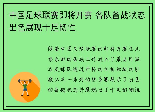 中国足球联赛即将开赛 各队备战状态出色展现十足韧性