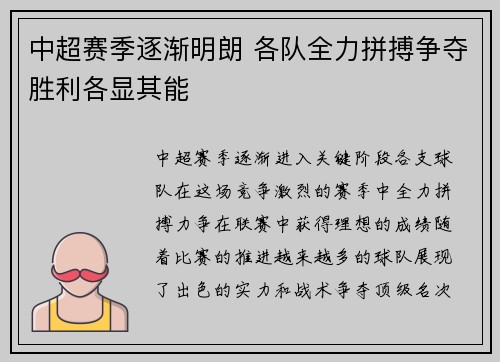 中超赛季逐渐明朗 各队全力拼搏争夺胜利各显其能