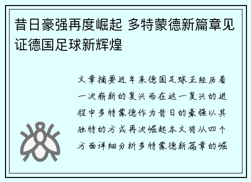 昔日豪强再度崛起 多特蒙德新篇章见证德国足球新辉煌