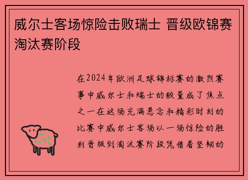 威尔士客场惊险击败瑞士 晋级欧锦赛淘汰赛阶段