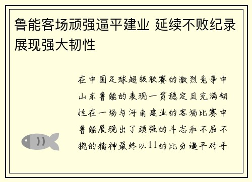 鲁能客场顽强逼平建业 延续不败纪录展现强大韧性