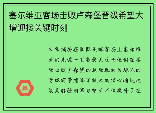 塞尔维亚客场击败卢森堡晋级希望大增迎接关键时刻