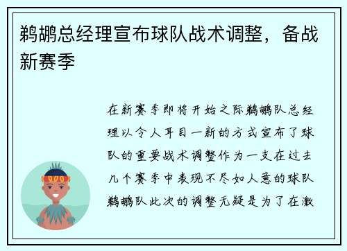 鹈鹕总经理宣布球队战术调整，备战新赛季