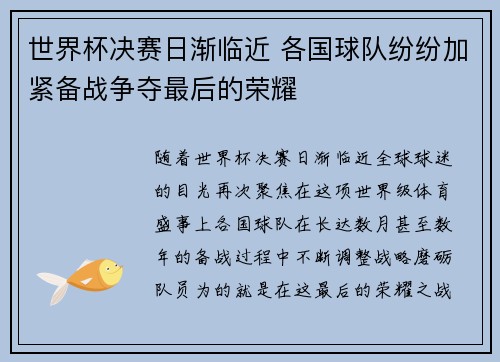 世界杯决赛日渐临近 各国球队纷纷加紧备战争夺最后的荣耀